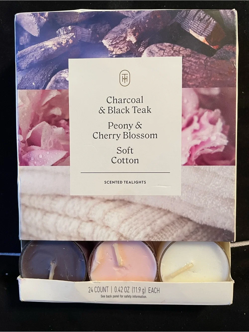 Charcoal & Black Teak, Peony & Cherry Blossom, Soft Cotton Scented Tealight Trio